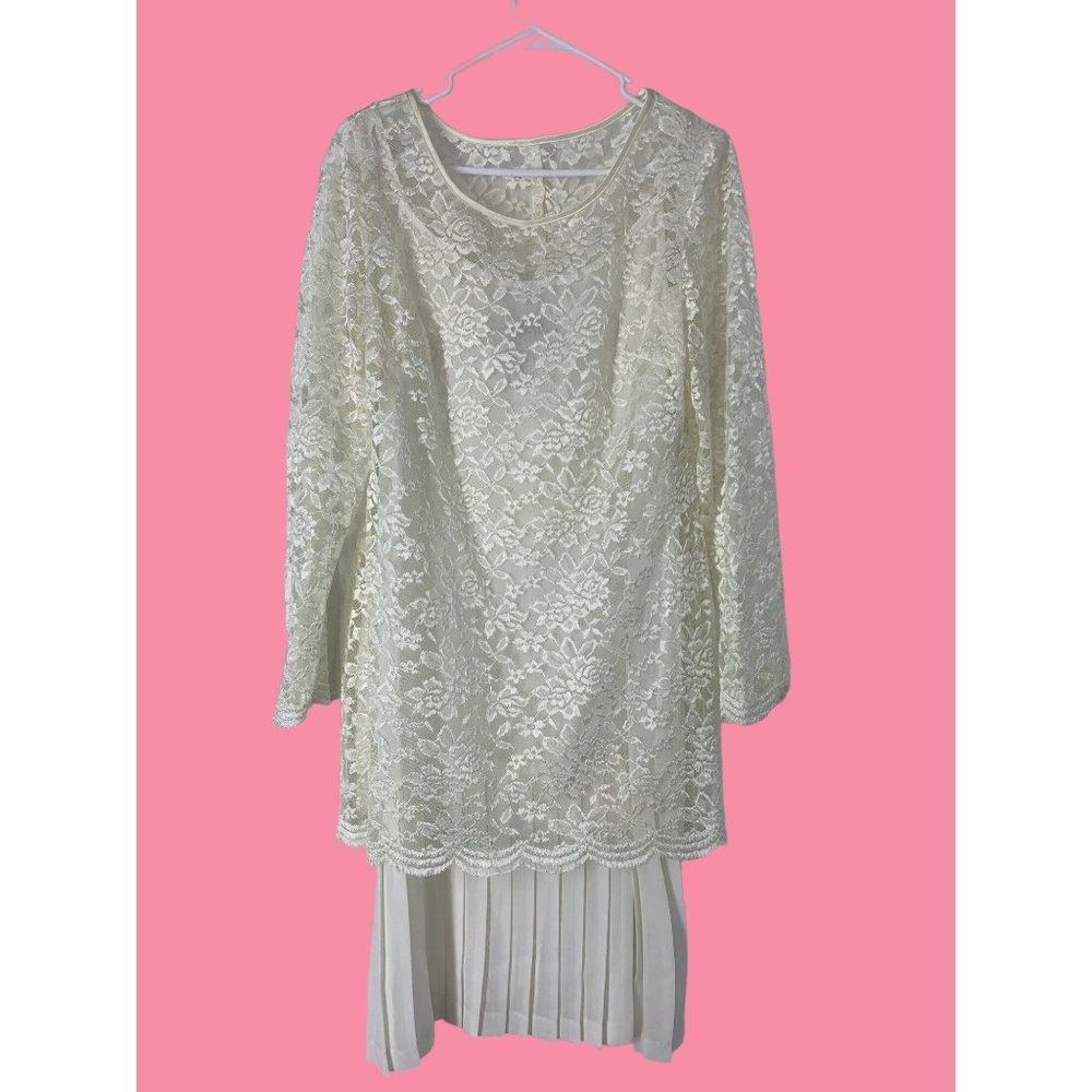 Womens Dani & Nicole Drop Waist Lace Tee Dress VTG 90s Church Cottagecore 5243